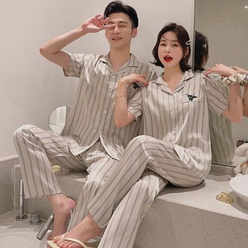 Couple Short Sleeve Long Pants Silk Satin Casual Striped Pajama Sets for Women Summer Sleepwear Suit Pyjama Men Homewear Clothes