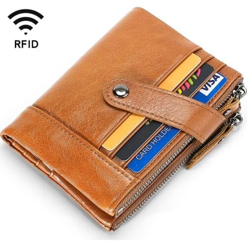 High Quality Genuine Leather Men RFID Wallet Double Zipper RFID Wallet Short Clutch Without Box for Christmas Gift