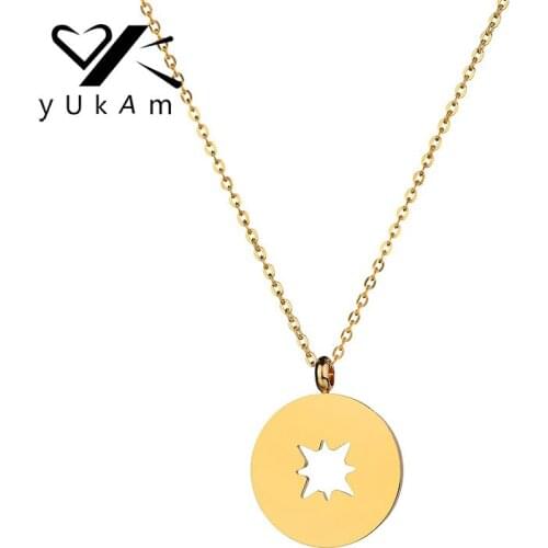 YUKAM Minimalist Gold Stainless Steel Hollow North Star Charm Pendants Necklaces for Women Statement Round Coin Choker Necklaces