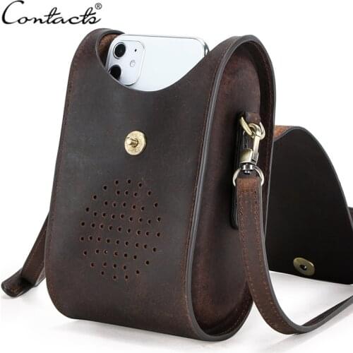 CONTACTS Vintage Small Shoulder Bag Men Cell Phone Pocket Crazy Horse Leather Mens Crossbody Bags Male Bolsa Handbag Quality