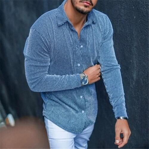 2021 Autumn Solid Long Sleeve Slim Shirt Men Fashion Ribbed Woven Shirts Casual Vintage Mens Turn-down Collar Buttoned Cardigan