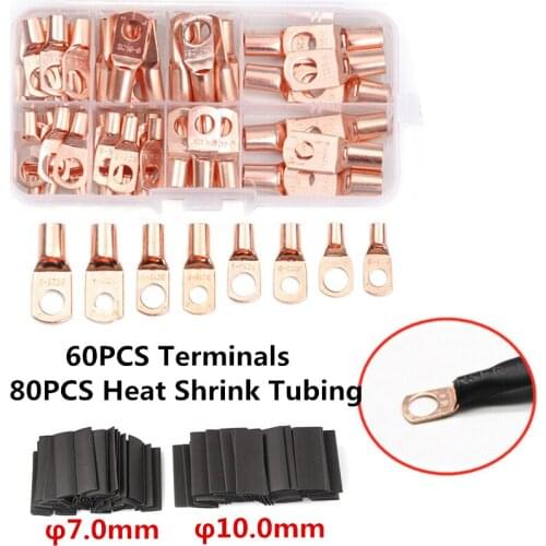 140PcsCopper Cable Lugs Battery Terminals Set Electric Wire Cable Bare Crimped/Soldered Connectors With Shrink tube