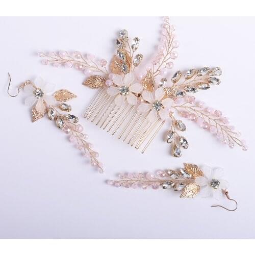 Cute Romantic Pink Girl Hair Jewelry Set Crystal Leaf Rhinestone Earrings Ornaments Wedding Bride Headdress Flower Hair Comb