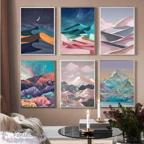 Mountain Desert Moon Night Scenery Poster Abstract Landscape Canvas Painting Wall Art Print Pictures Living Room Home Decoration