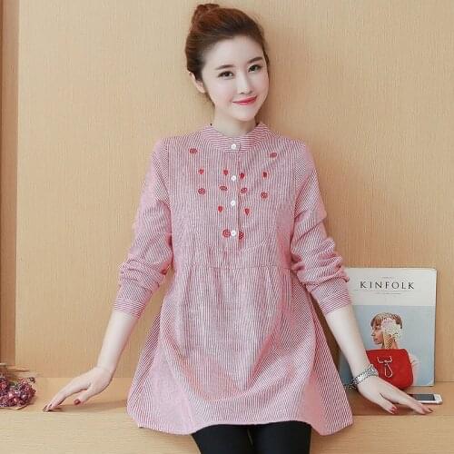 Maternity Clothes Spring Autumn Striped Embroidery Loose Office Blouses Shirts for Pregnant Women Cotton Pregnantcy T-shirts