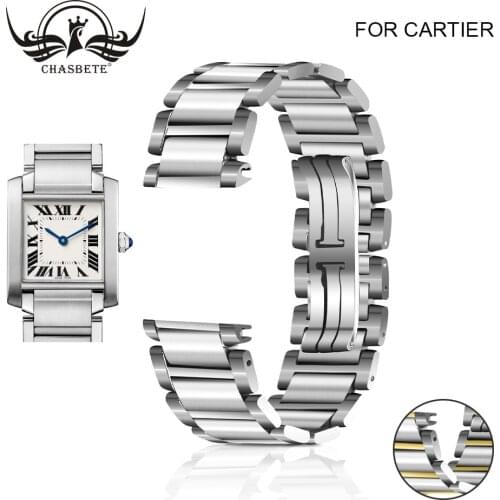 Stainless Steel Watch Band For Cartier-TANK series 15mm 20mm Butterfly Clasp Strap Loop Wrist Belt Bracelet Hidden Clasp Silver