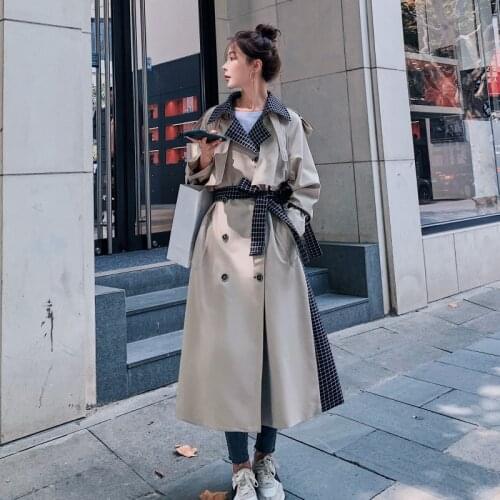 Womens Windbreaker Long Spring Autumn 2021 New Korean Loose Lapel Beige Plaid Stitching Lining Double Breasted Fashion Coat 8D