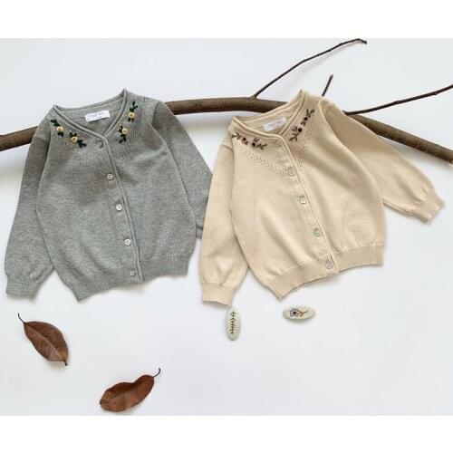 2020 Autumn Toddler Girls Sweater Child Casual Solid Knit Cardigan Korean Style Hand Embroidery Sweater Jacket 2-7 Y Kids Tops