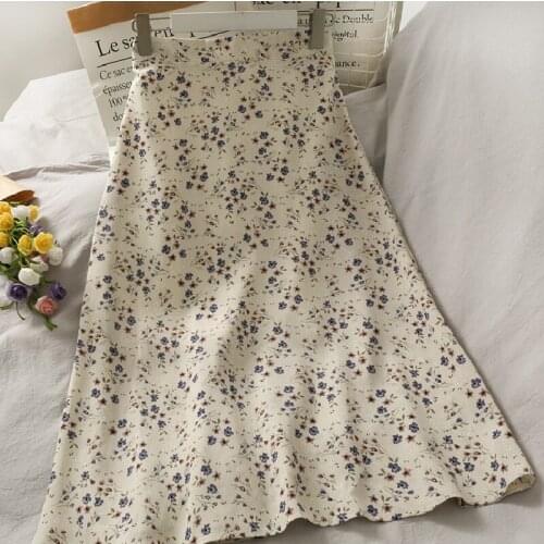 Vintage High Waist Floral Chiffon Midi Skirt Women 2021 Summer Autumn Elegant Holiday Fashion Korean A-line Medium Long Skirt
