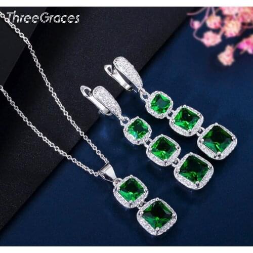 ThreeGraces Classic Sliver Color Women Jewelry Square Inlay CZ Natural Green Crystal Long Dangle Necklace and Earrings Set T0118