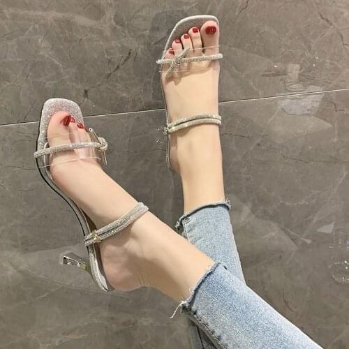 Square Heels Slides Women Rope Lattice Peep Toe Women Outside Sippers Shoes Mujer Elegant Shoes Zapatos De Mujer 2021