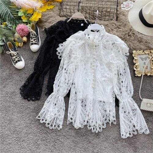 Women spring elegant Tops Shirt Flare Sleeve Sexy lace crochet Shirts Blouse Women buttons ruffles tops