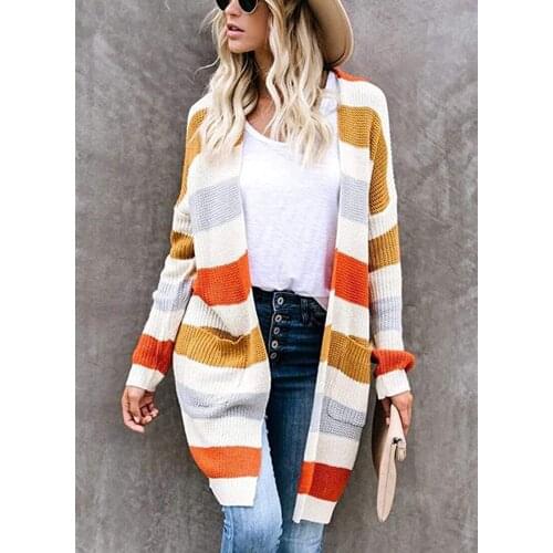Women Sweater Cardigan Striped Color Block Draped Loose Cardigan Long Sleeve Casual Knit Sweater Pocket 2020 Autumn Pockets