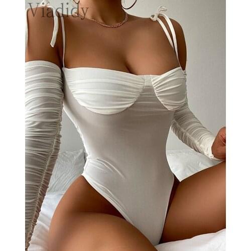 Women Sold Color Long Sleeve Bodysuit Tied Detail Cold Shoulder Ruched Romper