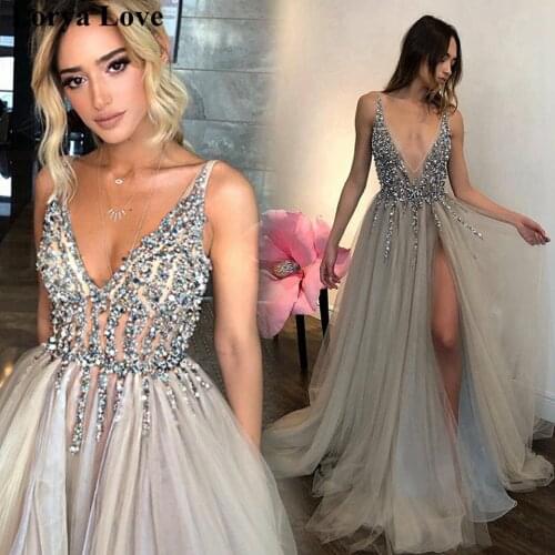 High Split Prom Dresses 2020 Women Formal Party Tulle Beading Sequin Long Vestidos De Gala V-Neck Elegant Jurken Evening Dress
