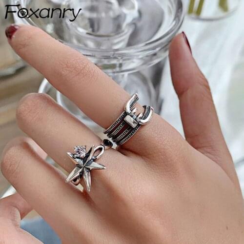 Foxanry New Fashion 925 Sterling Silver Zircon Rings for Women Creative Simple Stars Geometric Elegant Party Jewelry Gifts