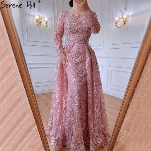 Muslim Pink A-Line Long Sleeves Evening Dresses Gowns 2021 Lace Beaded Luxury For Woman Wedding Party BLA71211 Serene Hill