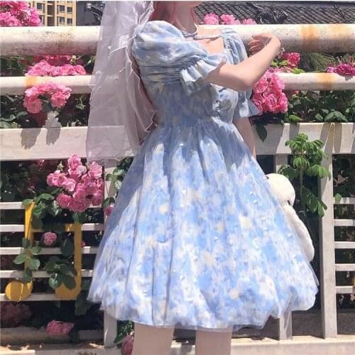 New Japanese Style Sweet Cute Puff Sleeve Square Collar Student Short Sleeve Mesh Princess Dress Female Summer lolita dress