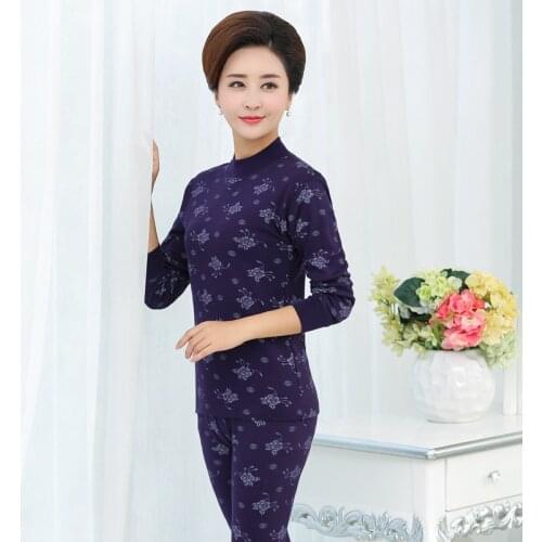 M-5XL 95%Cotton Printed Turtleneck Second Female Thermal Skin Middle-aged Womens Thermal Underwear Set Warm Winter Long Johns
