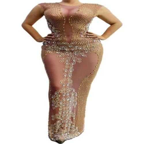 V35 Female gold rhinestones sleeveless evening dress singer wear mesh crystal long hip skirt dj diamond costumes one-piece dress