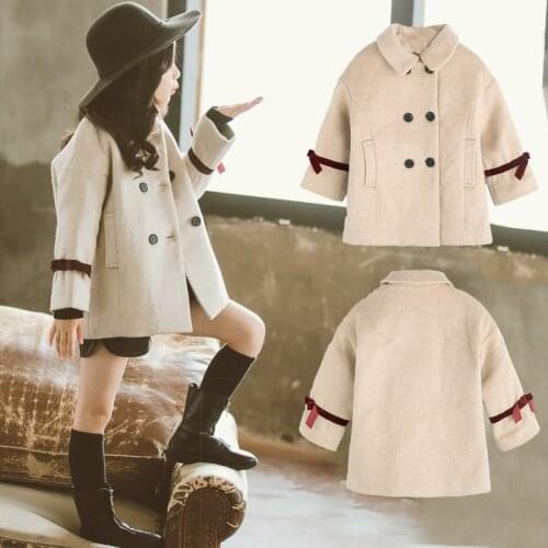 2019 Girl Winter Coat Buttons Bow Woolen Long Coats Girls Kids Cotton Padded Warm Jackets Children Overcoats Clothes