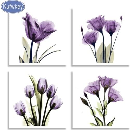 4 Panel Elegant Tulip Purple floral diamond painting plein 5D Diy Diamond Embroidery Square/Round drills Mosaic Rhinestone art
