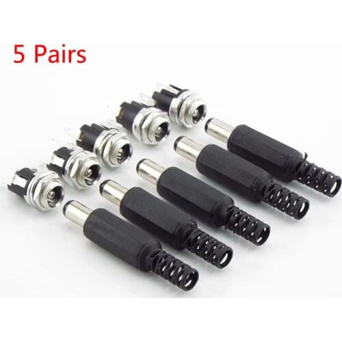 5Pairs DC 12V Plastic Male Plugs 5.5 x 2.1 mm DC Power Socket Female Jack Screw Nut Panel Mount Connector Adapter CCTV LED Strip