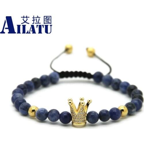 Ailatu 6mm Blue Veins Stone Beads Wave Advanced Plated Crown Braided CZ Bracelets Pulseira Hombres