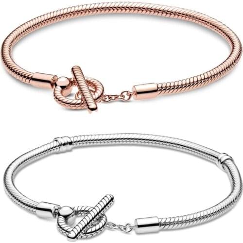 Authentic 925 Sterling Silver Moments T-Bar Snake Chain Bracelets Fit European Charms Original Bracelet For Women DIY Jewelry