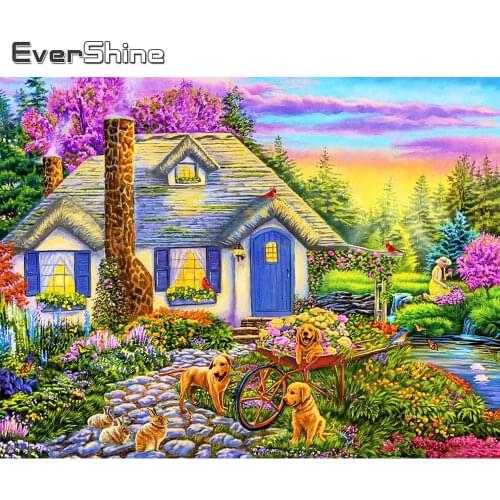 Evershine 5D Diamond Embroidery House Full Square Round Diamond Painting Dog Rhinestone Mosaic Spring Scenery Home Decoration