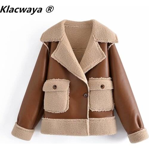 Klacwaya 2021 Women Fashion Artificial Leather Lambswool Reversible Coat Vintage Long Sleeve Female Winter Keep Warm Jacket