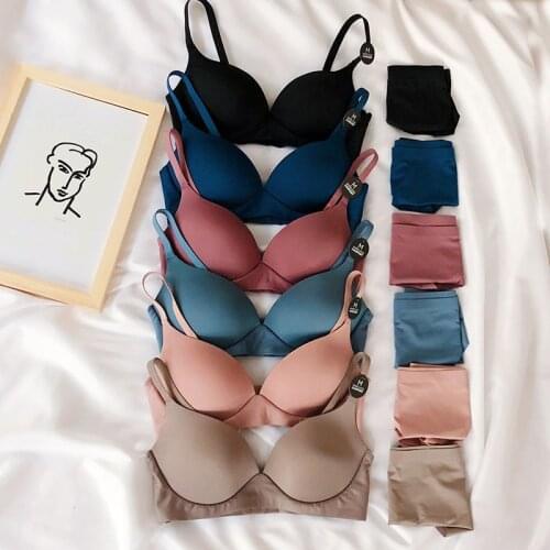 SP&CITY 2pcs Simple Colored Push Up Bras For Women Wire Free Smooth Comfort Seamless Underwear Set Sports Sexy Lingerie Set