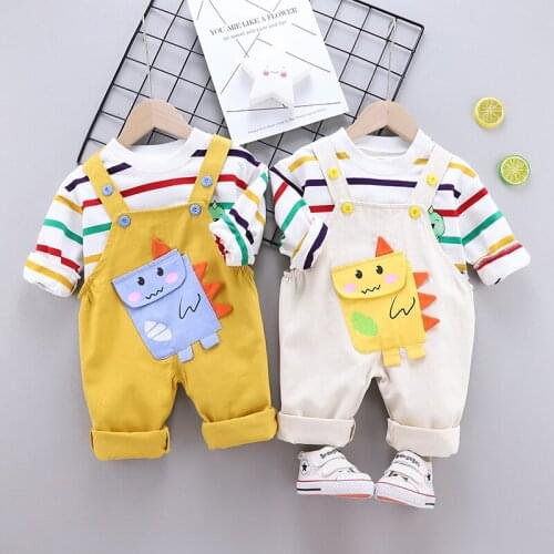 Baby Boys Girls Clothes Set Spring Autumn Stripe Tops+bib Pants 2pcs Kids Boys Dinosaur Clothing Set For Bebes Outfits