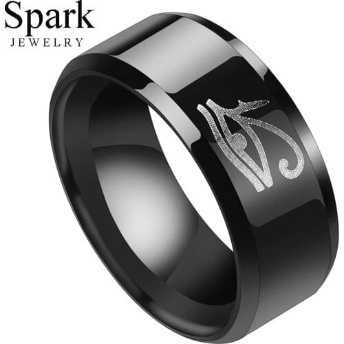 8mm Size 7-13 Movie Stainless Steel Eye of Horus Mens Rings Punk Black Egyptian Finger Rings Wedding Bands Party Jewelry