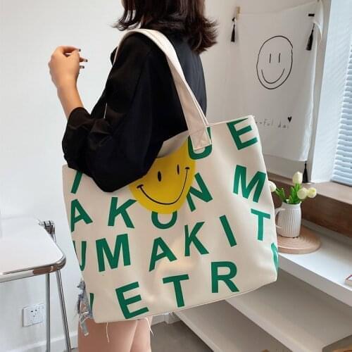 New Women Shoulder Bag 2021 Casual Letter Smile Canvas Bag Tote Cartoon Print Handbags