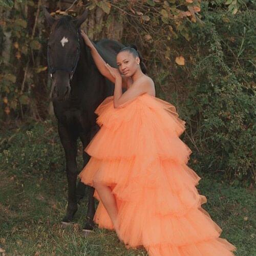 New Arrive Orange Tulle Dresses Hi Low Extra Puffy Fluffy Women Tulle Dressing Gowns For Party Formal Dress Plus Size With Train