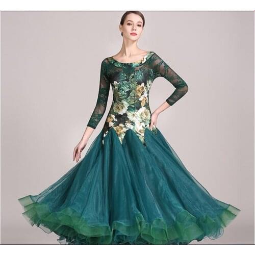 Green dress Woman Ballroom dance Tango dresses Standard social Rumba costumes Waltz