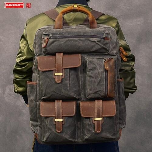 Retro Canvas with Leather Mens Backpack Large Capacity Laptop Bag Vertical Multi-pocket Waterproof Travel Backpacks Schoolbag