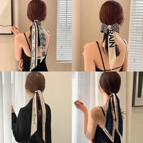 93x6 French Letter printing Hair band Long silk Scarf Bow hair accessories Hair binding Ribbon French retro ribbon Handkerchief