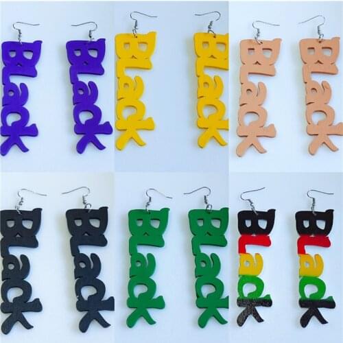 SOMESOOR Engraved Cutting Black Letters Vintage African Wooden Drop Earrings Colorful Carved Loops Dangle Jewelry For Women Gift