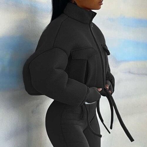 2021 Winter Mesh Plaid Coat Women Trend Turtleneck Zipper Pocket Crop Jacket Solid Slim Drawstring Female Outerwear X035