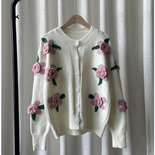 Autumn Appliques Floral Cardigan Women 2021 Winter Chic Long Sleeve Button Up Knitted Sweater 3D Rose Flower Embroidery Knitwear