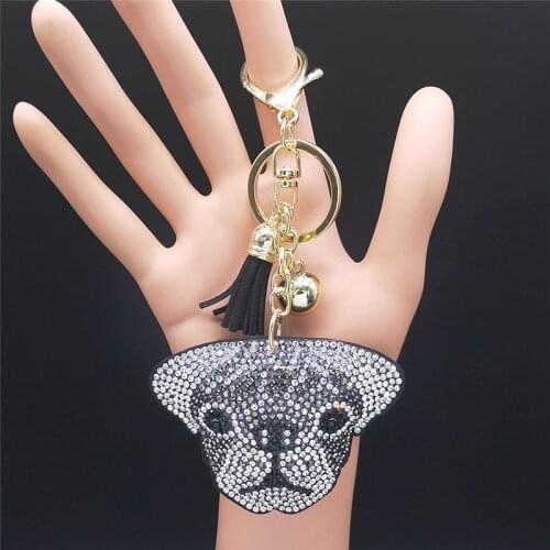 2021 Black Whit French Bulldog Crystal Keychain Tassel Keyring for Women Silver Color Bag Keychains Jewelry llaveros mujer KXS01