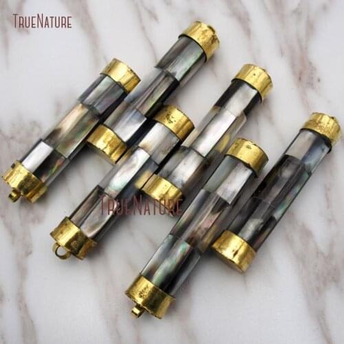 Elegant Chic Abalone Shell Pendant Tribal Style Circular Cylinder Charm Jewelry Findings With Brass Cap In 63*14 mm PM9084