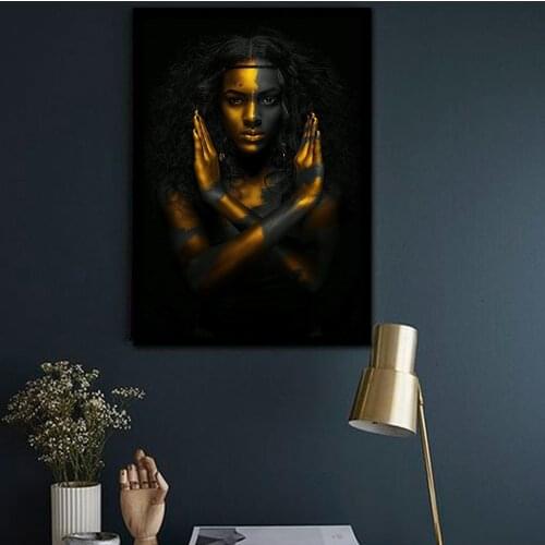 EPSOM Print Wall Art Golden Black Women Canvas Painting Wall Pictures For Living Room Golden Girl Decoration Pictures Unframe