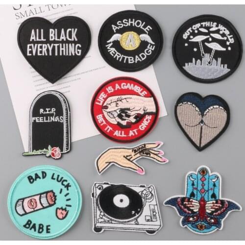 Punk Hippie Bad Luck All Black Everything Slogan Badge Diy Embroidered Iron on Patch for Garment Clothes Apparel Accessory
