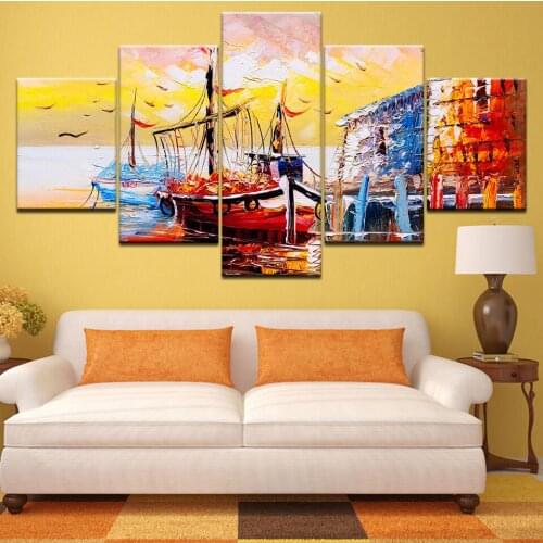 Wall Art Canvas Paintings Frame 5 Pieces Ship Boat Ashore Sea sunrise Landscape HD Prints Poster Pictures Living Room Home Decor