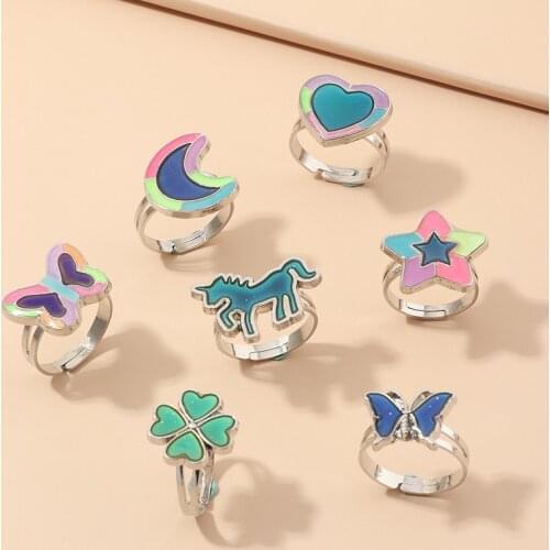 New Fashion Clover Unicorn Butterfly Mood Rings for Women Star Moon Heart Change Color Temperature Emotion Feeling Ring Kid Gift