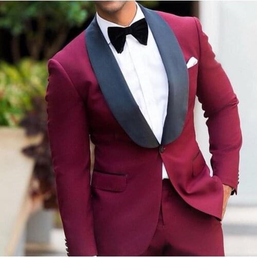 New Burgundy Wedding Tuxedos Black Shawl Lapel Mens Business 2 Pieces Best Man Suit (Jacket + Pants + Bow)Groomsmen Suits