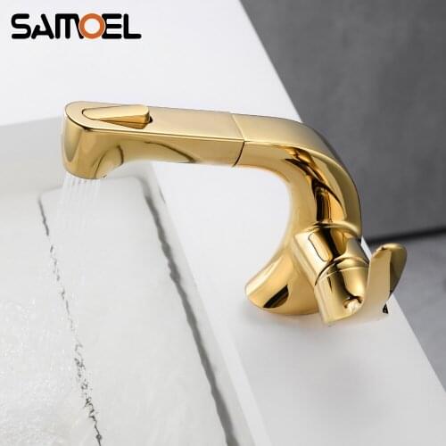 New Arrival Brass Gold Color Pull Out Bathroom Sink Faucet Creative Golden Pull Down Basin Mixer Water Tap G1139